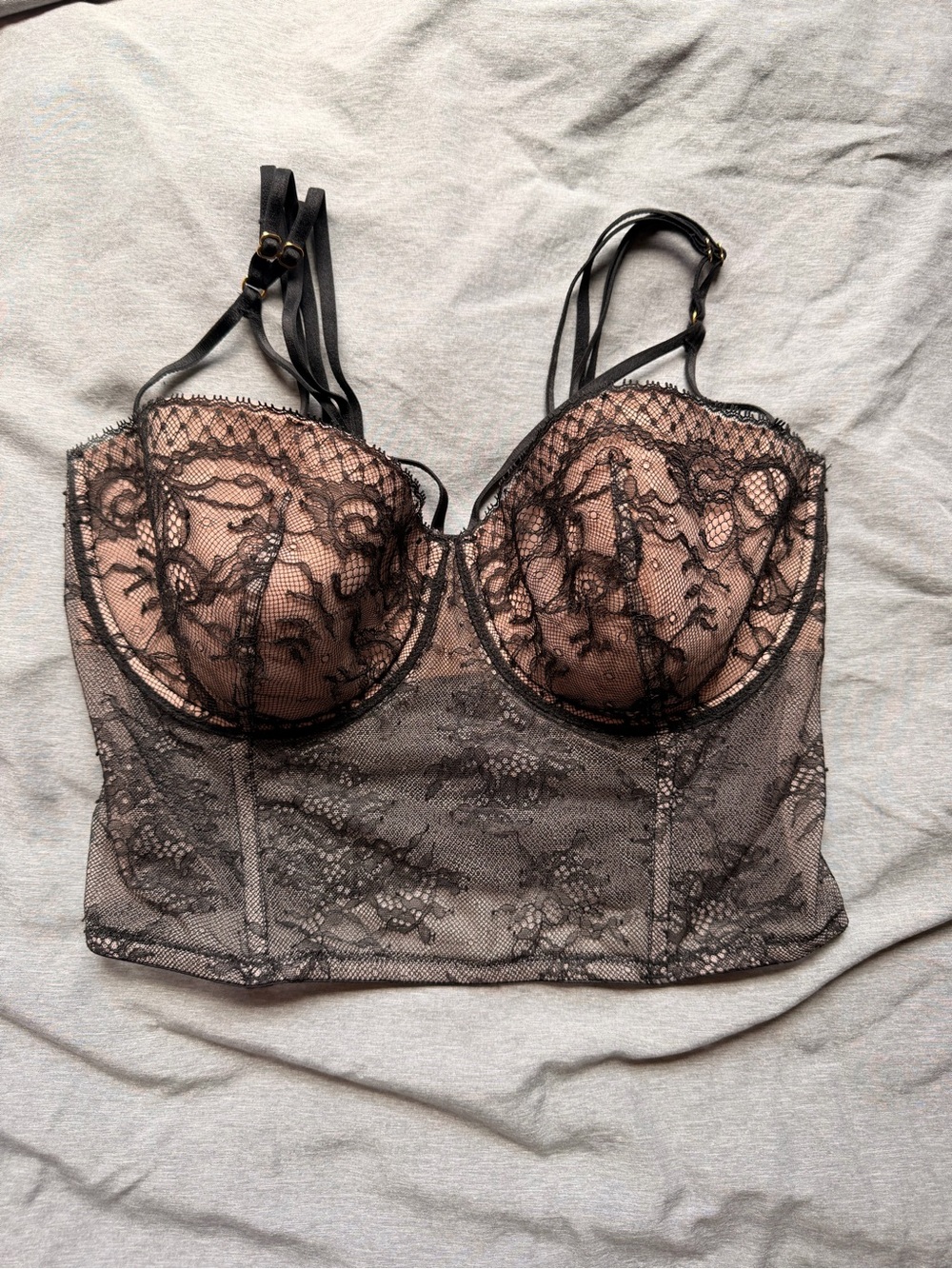 Victoria's Secret Black Lace Longline Bustier with Nude Lining
